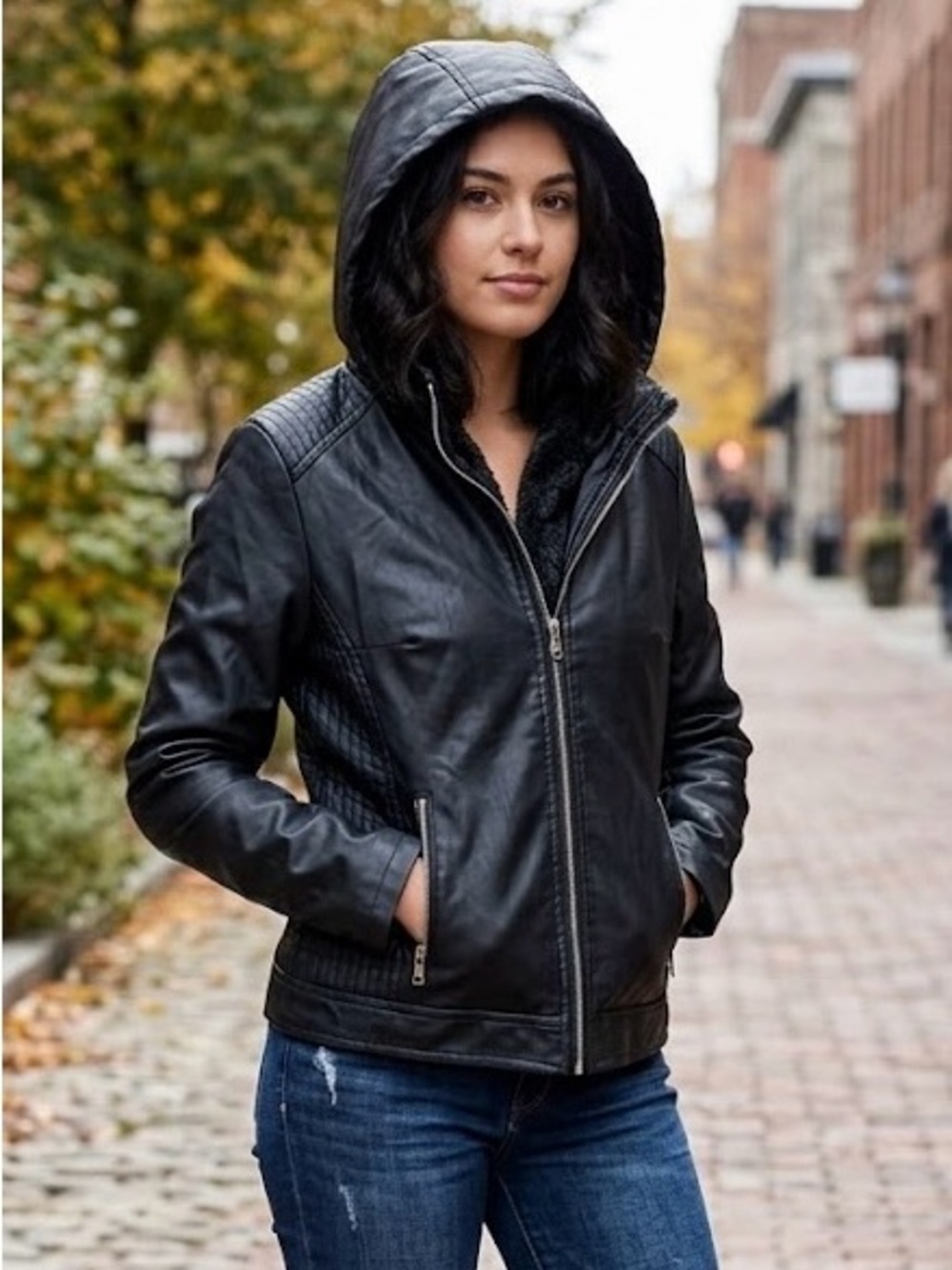Black Faux Leather Hooded Moto Jacket Size XL Grunge Streetwear Moto Edgy Rocker